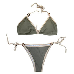YONIQUE 2-Piece Bikini Set Green & Beige Trim Adjustable Ties Size Large NWT